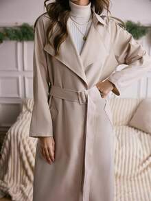 LanaWest 杏色夸张领口通勤长腰收腰女式风衣 - 杏色 - 查看 7