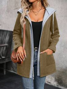 EMERY ROSE Color Block Thermal Lined Hooded Pocket Casual Long Sleeve Jacket - Mocha Brown - View 3