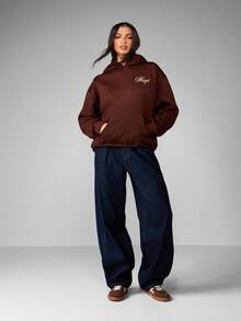 MISSGUIDED Oversized Casual Hoodie With Gold Script Embroidery Centre Pocket Drawstring Fall Winter Cozy Loungewear Streetwear Basic Essential - Chocolate Brown - View 5