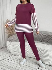 SHEIN LUNE 大码女式两件套，条纹拼色圆领长袖上衣和纯色裤子女士服装套装机场女士服装秋季服装套装旅行装机场 - 藕粉色 - 查看 4