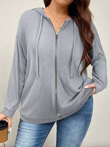 SHEIN LUNE 大码女式纯色落肩长袖拉链前抽绳连帽休闲运动衫，秋季 - 淺灰色 - 查看 4