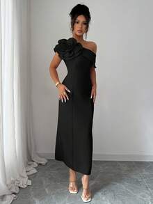 Modelyn Đầm dự tiệc kiểu Pháp thanh lịch họa tiết hoa lệch vai cho nữ - màu đen - Xem 3