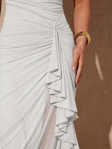 Silquee فستان ماكسي أنيق بأكمام مكشكشة خضراء فاتحة رومانسية مع شق عالي، فستان حفلة ضيق مطرز بالدانتيل للنساء، مناسب لعيد الحب، المواعدة، الزفاف، الحفلات الراقصة