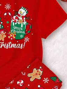 SHEIN 青少年女孩休闲简约圣诞可爱卡通圣诞老人、姜饼人、雪人、圣诞树、铃铛、拐杖糖、雪花图案短袖圆领 T 恤和舒适紧身裤睡衣套装 - 彩色 - 查看 5