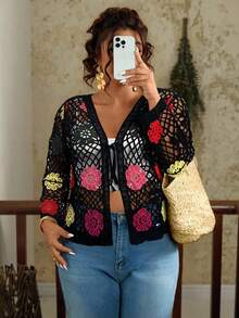Travachic Áo len cardigan tay dài dáng rộng, buộc dây, khoét lỗ cỡ lớn - màu đen - Xem 4