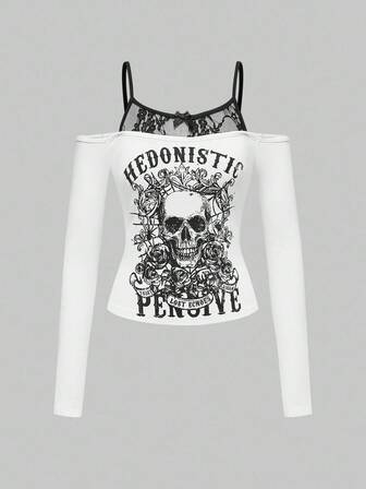 Goth Maglietta a maniche lunghe aderente da donna con stampa vintage Y2K di scheletro che abbraccia, con inserti in pizzo