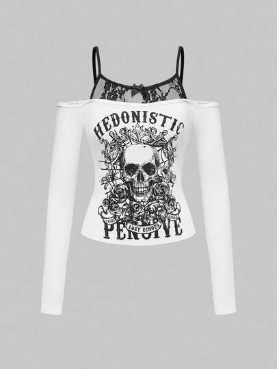 Goth Vintage Y2K Skelett Umarmungs-Muster Spitze Patchwork Enganliegendes Langarm T-Shirt für Frauen