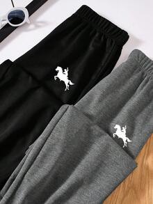 SHEIN 2 件套青少年男孩休闲纯色补丁抽绳针织裤，2 种颜色，春夏 - 彩色 - 查看 6