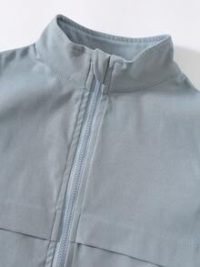 SHEIN 男婴/女婴休闲日常百搭纯蓝色前开长袖夹克，适合春秋季 - 藍色 - 查看 4