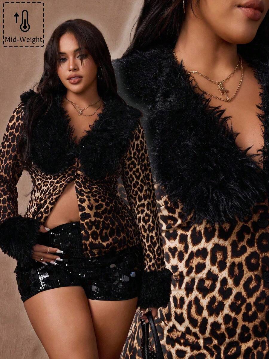 Rustia Plus Size Women Casual Leopard Print Long Sleeve Jacket