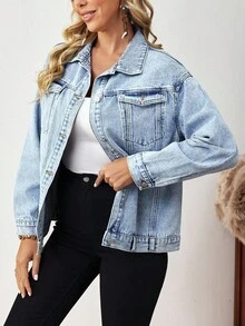 EMERY ROSE Women's Casual Washed Front Button Loose Denim Jacket, Autumn - Light Wash - View 3