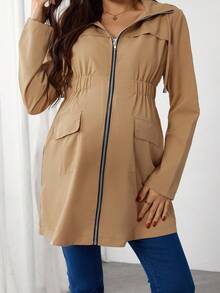 SHEIN Maternity Casual Solid Color Hooded Jacket, Spring/Autumn - Khaki - View 6