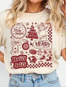 EMERY ROSE Christmas Elements Retro Print Casual Plus Size T-Shirt - Beige - View 1