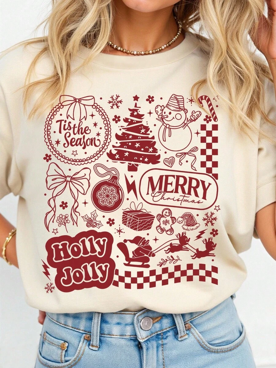 EMERY ROSE Christmas Elements Retro Print Casual Plus Size T-Shirt - Beige - View 1