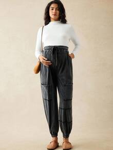 Boho Mama Maternity Solid Color High Waist Drawstring Casual Jogger Pants Comfy Joggers For Women Parachute Baggy Loose Black - Dark Grey - View 7