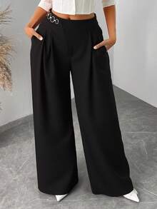 SHEIN SXY Loose High Waist Black Business Casual Pants With Metal Buckle, Business Casual Outfits Women Autumn Winter Clothes For Women - Black - View 4