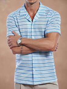Manfinity Homme Kemeja Lengan Pendek Kasual Rajut Bergaris Jacquard untuk Liburan Pria - Baby Blue - View 6