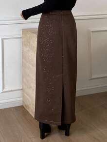 Livesso 女士宽松休闲商务亮片直筒半身裙，棕色，优雅百搭，适合婚礼、派对、秋冬季穿着。 - 棕色 - 查看 6