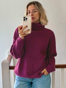 Vivie Lora Women's Loose Fit Turtleneck Solid Fuchsia Sweater - Pink - View 2