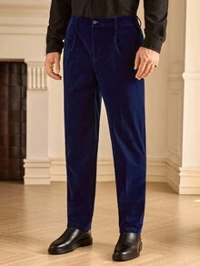 Manfinity VCAY Men's Solid Color Pleated Pocket Elegant Suit Pants, Autumn/Winter Royal Blue Pants Men Men Pleated Pants Men Dress Pants Manfinity Men Pants Dark Blue Pants - Blue - View 2