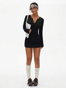 Dewbera Women's Black Autumn Basic Sexsy Party Ruched Bodycon Crew Neck Long Sleeve Athletic Sports Mini Dress,Casual Skin Soft Dresses For Women - Black - View 6