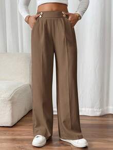 SHEIN Frenchy Women's Double-Button Straight Leg Elegant Office Pants Winter Brown Casual Spring - Brown - View 3