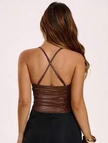 SHEIN BAE Áo hai dây trơn màu tối giản dành cho nữ - màu nâu - Xem 2