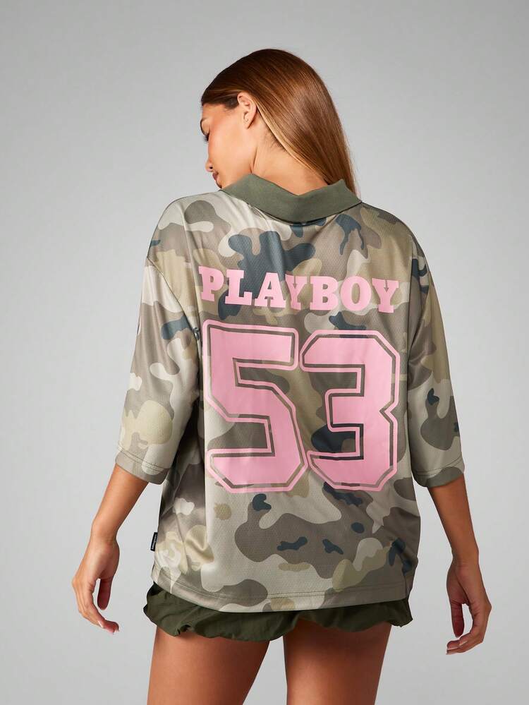 Missguided x Playboy Oversized Collared T-Shirt With Camo Print And Logo