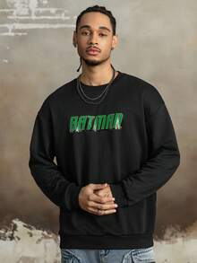 BATMAN X SHEIN 男士休闲字母图案圆领卫衣，秋季款，长袖上衣