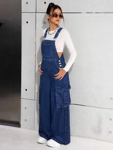 SHEIN 少女 Y2K 休闲水洗蓝色牛仔背带裤，女孩秋冬装，街头酷炫牛仔装 - 深色水洗藍 - 查看 4