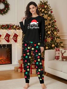 SHEIN LUNE Weihnachtsbeleuchtung bedruckter Familien-Weihnachts-Pyjama-Set 2 Teile Hauskleidung Nachtwäsche für Erwachsene, Kinder und Babys Weihnachtsferien-Party Familienzusammenkunft Langarm Weihnachtsmütze bedrucktes T-Shirt Oberteil und bedruckte Hose Set