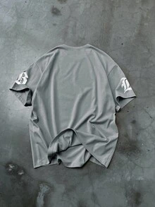 Manfinity EMRG Men's Casual Letter Print Short Sleeve T-Shirt, Summer Streetwear Shirt Men Slogan Graphic Drop Shoulder Tee Y2k Grey Shirt Men