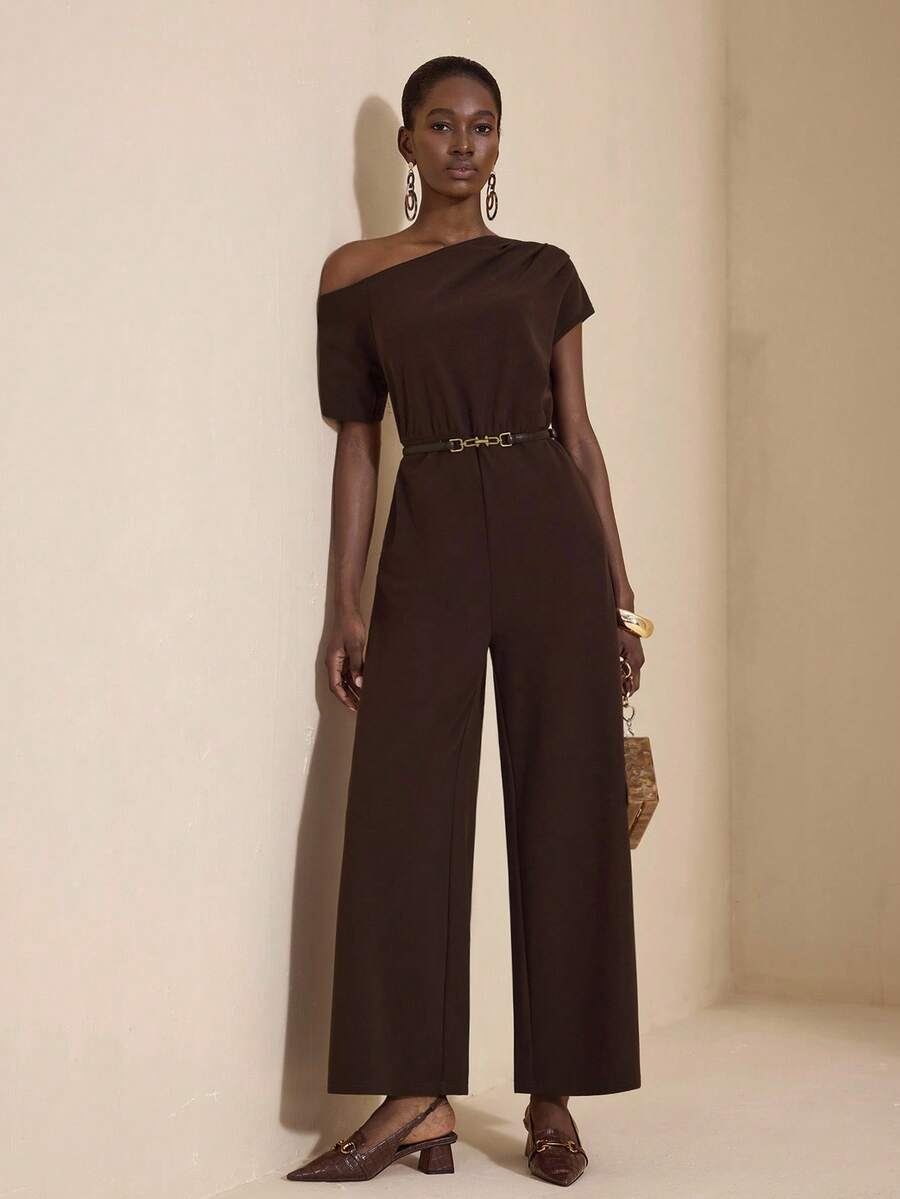 JIAN LASALA Women Asymmetric Coffee Brown One-Shoulder Short Sleeves Wide-Legs Solid Elegant Jumpsuit Autumn Casual Wear Party Outfits For Women Luxury Stylish Clothing Collection