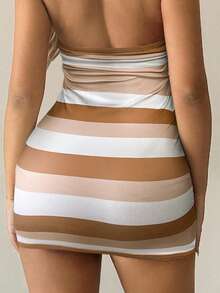 SHEIN ICON Women's Striped Deep V-Neck Backless Mini Dress - Multicolor - View 6
