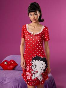 Betty Boop x SHEIN Women's Red Summer Cute Polka Dot & Betty Cartoon Figure Graphic Contrast Lace Nightgown Fall Pajama Dress Christmas - Red - View 1