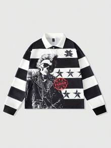 ROMWE MEN Street Life Men's Punk Striped Skull Print Polo Shirt, Loose Cropped Casual T-Shirt, Fall - Black and White - View 1