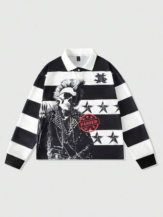 Street Life Polo da uomo in stile punk con stampa a righe e teschio, t-shirt casual ampia e corta, autunnale