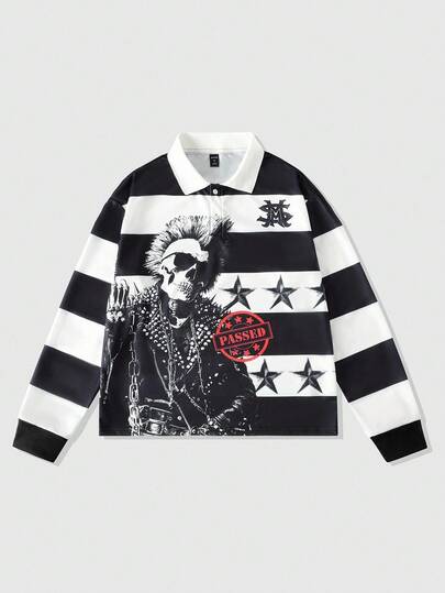 Street Life Camisa polo con estampado de calavera a rayas de estilo punk para hombre, camiseta casual holgada y corta, otoño