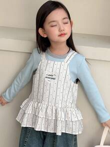 DAZY 女童条纹刺绣吊带背心 - 藍色 - 查看 6