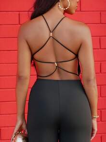 Yess Loren 女士夏季性感露背连体裤黑色连体裤海边度假连体泳衣泳装夜间外出度假装 - 黑色 - 查看 2