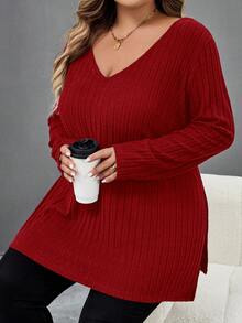 SHEIN CURVE+ 加大码 V 领罗纹下摆开衩蓝色 T 恤，秋冬女装，冬季，CURVE PLUS/秋冬 - 酒紅色 - 查看 9