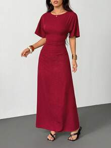 SHEIN PETITE 女式夏季纯色亚麻混纺休闲优雅连衣裙， - 紅木色 - 查看 5