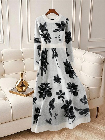 GlowEve Elegant Floral Pattern Knitted Dress, Autumn/Winter