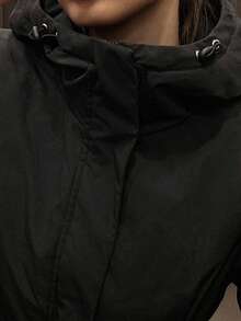 DAZY 女士连帽防风夹克，纯色修身款，收腰设计，黑色短款加厚保暖内衬外套，冬季女式外套 - 黑色 - 查看 14