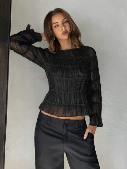 Aloruh Elegant svart blus i chiffong med spetsmönster för kvinnor, höst-/vintertoppar, vit topp, examen, lärarkläder för kvinnor, skolstart