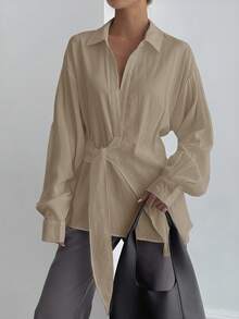 DAZY 女士半开襟侧系带套头衫休闲优雅长袖衬衫 - 灰色 - 查看 2