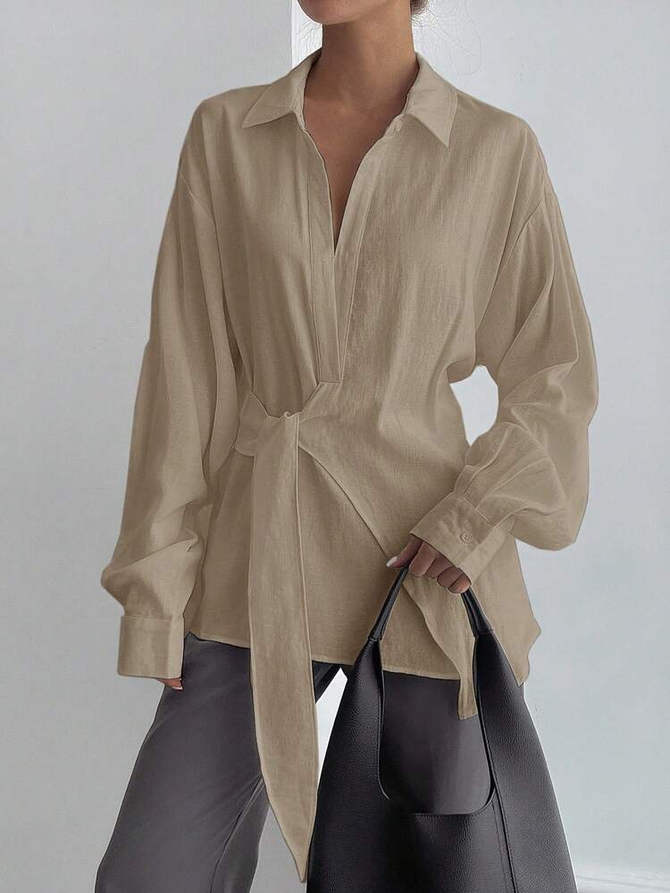 Women's Half-Placket Side Tie Pullover Casual Elegant Shirt Long Sleeve Women