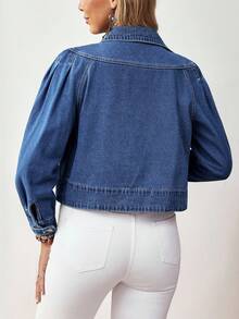 EMERY ROSE Women's Autumn Raglan Sleeve Single-Breasted Pleated Design Casual Denim Jacket Winter New Year - Blue - View 2