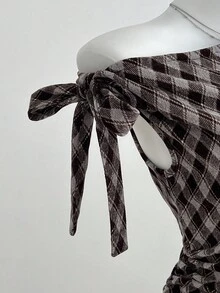 Elamini 不对称领口无袖菱形格子连衣裙 - 卡其色 - 查看 3