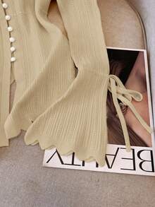 Franclia Unique V-Neck Knit Cardigan, Slim Fit, Short Flare Sleeve, Layering Piece For Early Autumn, Korean Style - Khaki - View 3